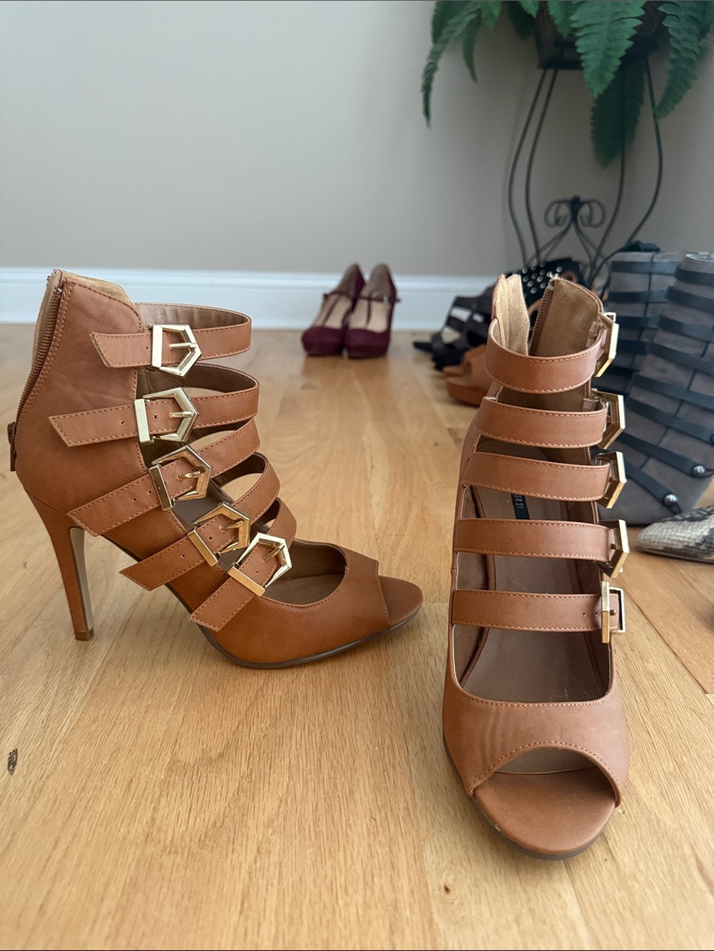 Forever 21 Tan Strappy Buckle High Heel Sandals